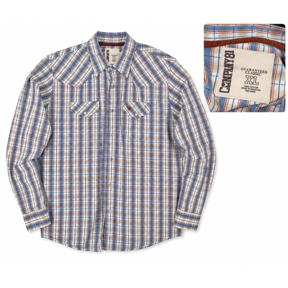 Company 81 Western Shirt Mens Blue Orange Plaid Pearl Snap Long Sleeve Cowboy XL